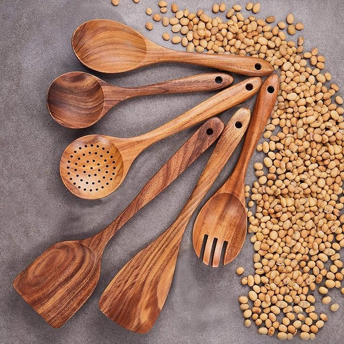 Wooden Kitchen Utensils Set,GUDAMAYE 6 PCE Wooden Spoons for Cooking,Wooden Cooking Utensils,Natural Teak Wooden Spoons For Non-stick Pan