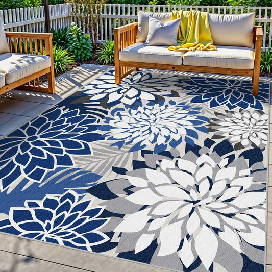 Indoor Outdoor Area Rug Washable Multicolored Patio Rug Tropical Botanical Modern Floral Indoor Outdoor Carpet Blue White Rug Non Slip for Patio, Deck, Backyard, Porch (5x8)