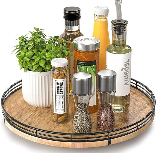 13" Lazy Susan Oak Wood Turntable Organizer for Cabinet, Farmhouse Round Wooden Lazy Susan Organization and Storage for Dining Table, Pantry, Kitchen, Bathroom, Countertop, Cupboard, Home Decor