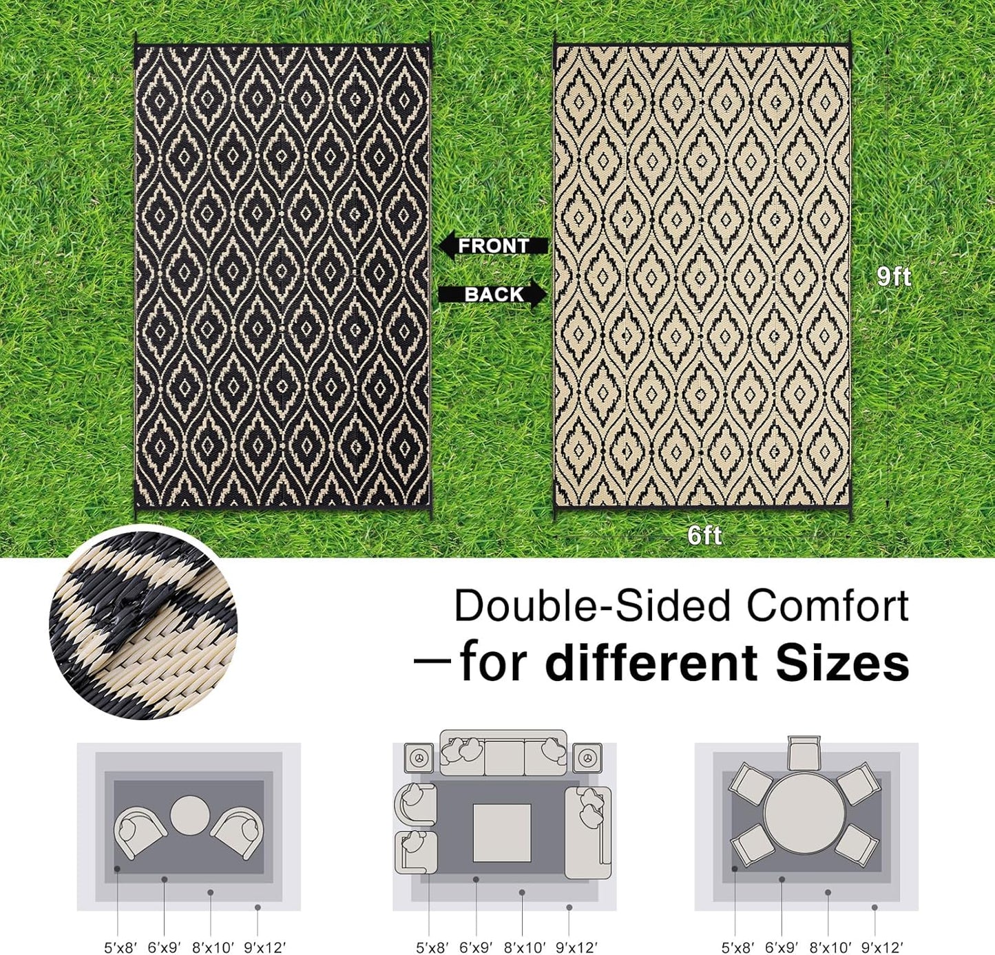 OLANLY Outdoor Rug 6x9 ft Waterproof, Outdoor Plastic Straw Rug with Geometric Pattern Clearance, Reversible RV Mat for Patio, Camping, Balcony, Deck, Backyard, Black & Beige