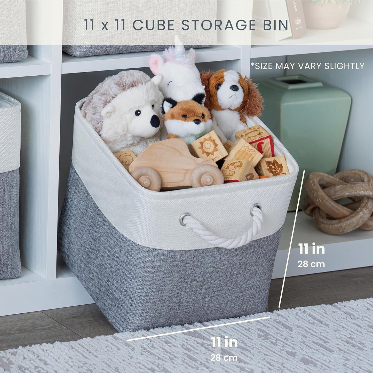 OrganiHaus 11x11 Cube Storage Bins 4 Pack, Foldable Cube Storage Organizer w/ Rope Handles, Collapsible Fabric Bins for Toys, Clothes & Closet Organization, Fabric Square Baskets - Beige/White