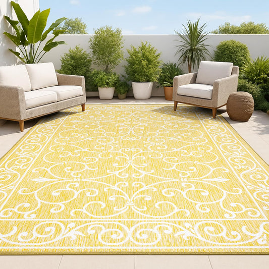 JONATHAN Y Vintage Filigree Indoor Outdoor Area Rug 8X10 Yellow/Cream, Charleston Textured Weave for Backyard, Patio, Porch, Easy-Cleaning, High Traffic, Pet-Friendly, Non-Shedding (SMB106L-8)