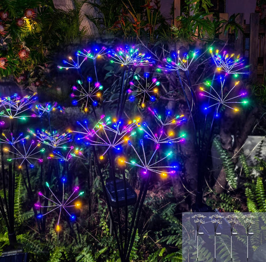 Kwaiffeo 4 Pack Solar-Powered Firework Fairy Lights, Solar Light Outdoor Waterproof Christmas & Garden Decor for Pathway/Patio/Yard - Gardening Gifts for Women (Multicolor)