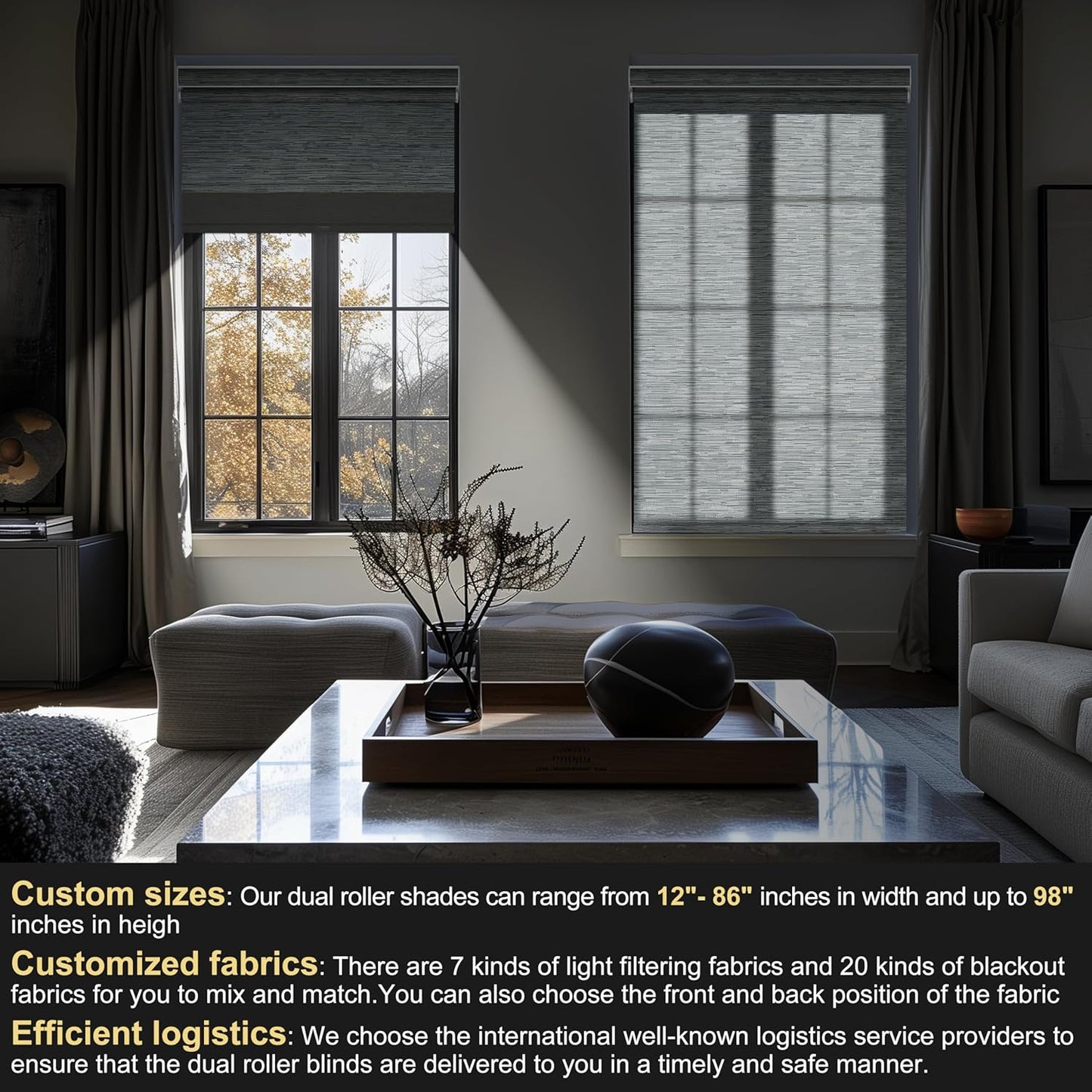 BERISSA Cordless Dual Roller Shades with Cassette Valance, Double Window Shades Blackout and Light Filtering, Day and Night for Home Office Door. Striped Jacquard Grey. 70 W x 64" H