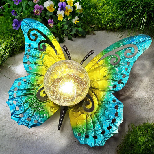 Solar Lights Outdoor Garden Butterfly Decor, Metal Butterfly Statue Decoration with LED Crackle Glass Globe, Solar Powered Lighted Garden Art Decor for Patio Lawn Yard Pathway Tabletop Ground