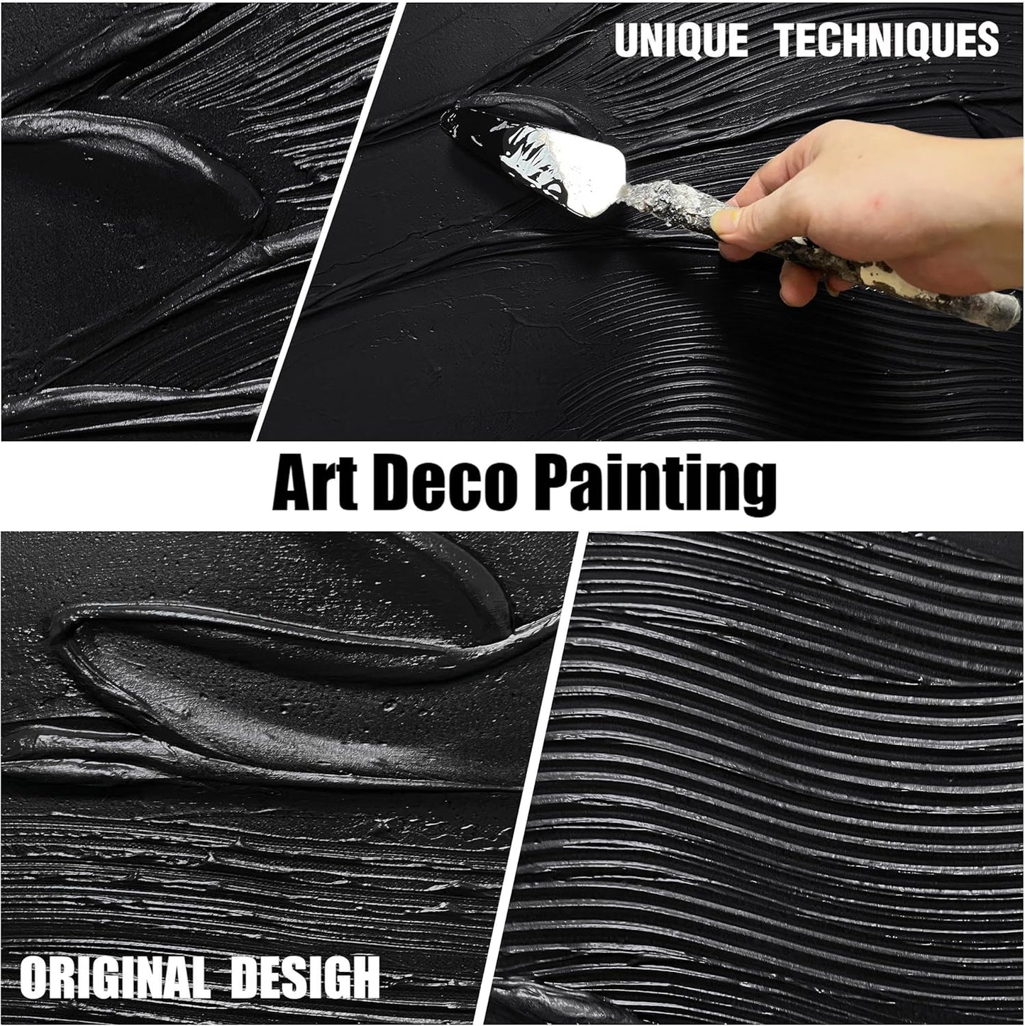 Modern Wall Decor For Bedroom Abstract Hand-Painted Oil Painting For Living Room Black Canvas Wall Art For Home Office Size 24 x 47 Inch