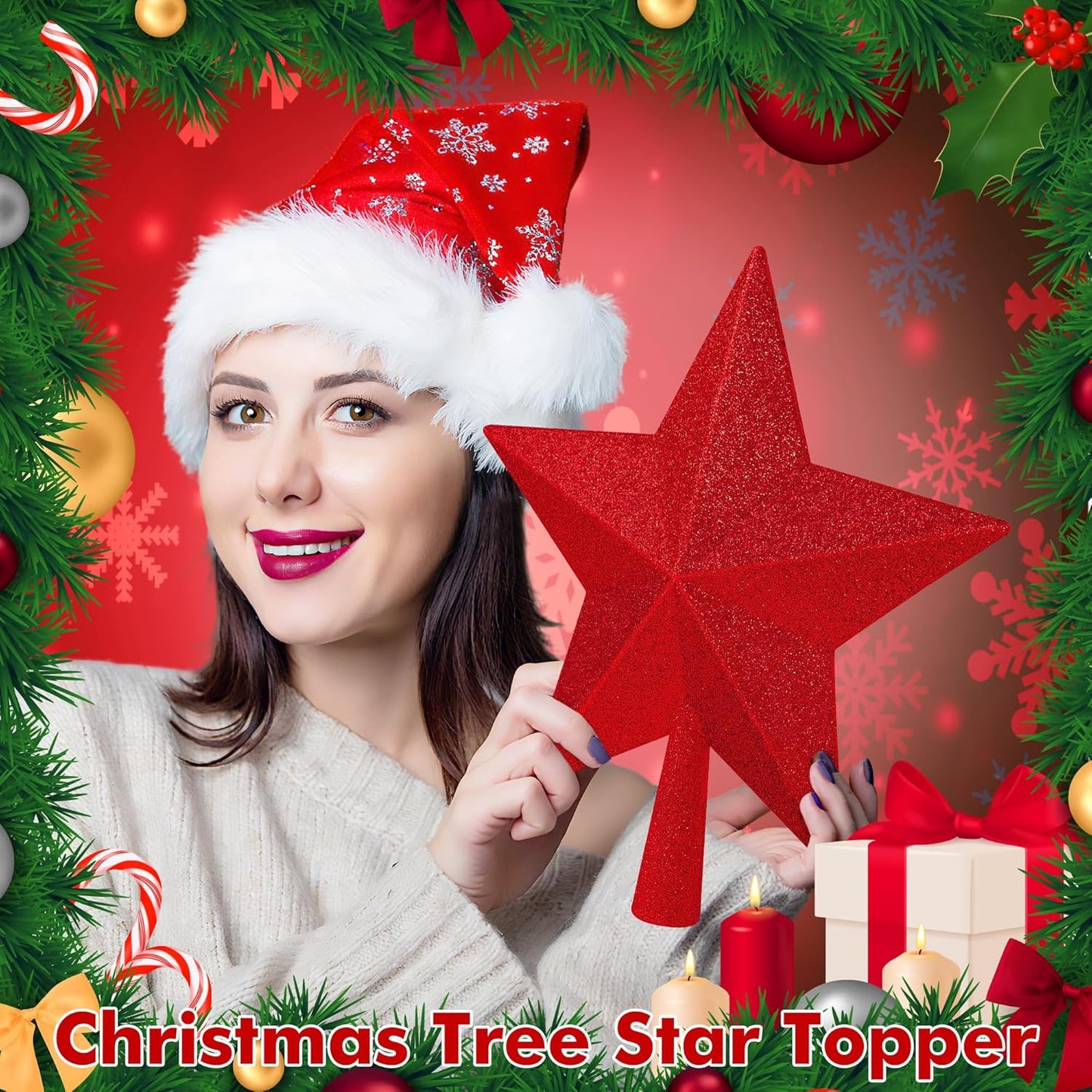 Star Tree Topper, 10" Red Christmas Tee Topper Decorations, Glitter 3D Xmas Bethlehem Star Waterproof Shatter-Proof, Christmas Tree Topper Ornament Decor for Christmas Holiday Party Indoor Outdoor