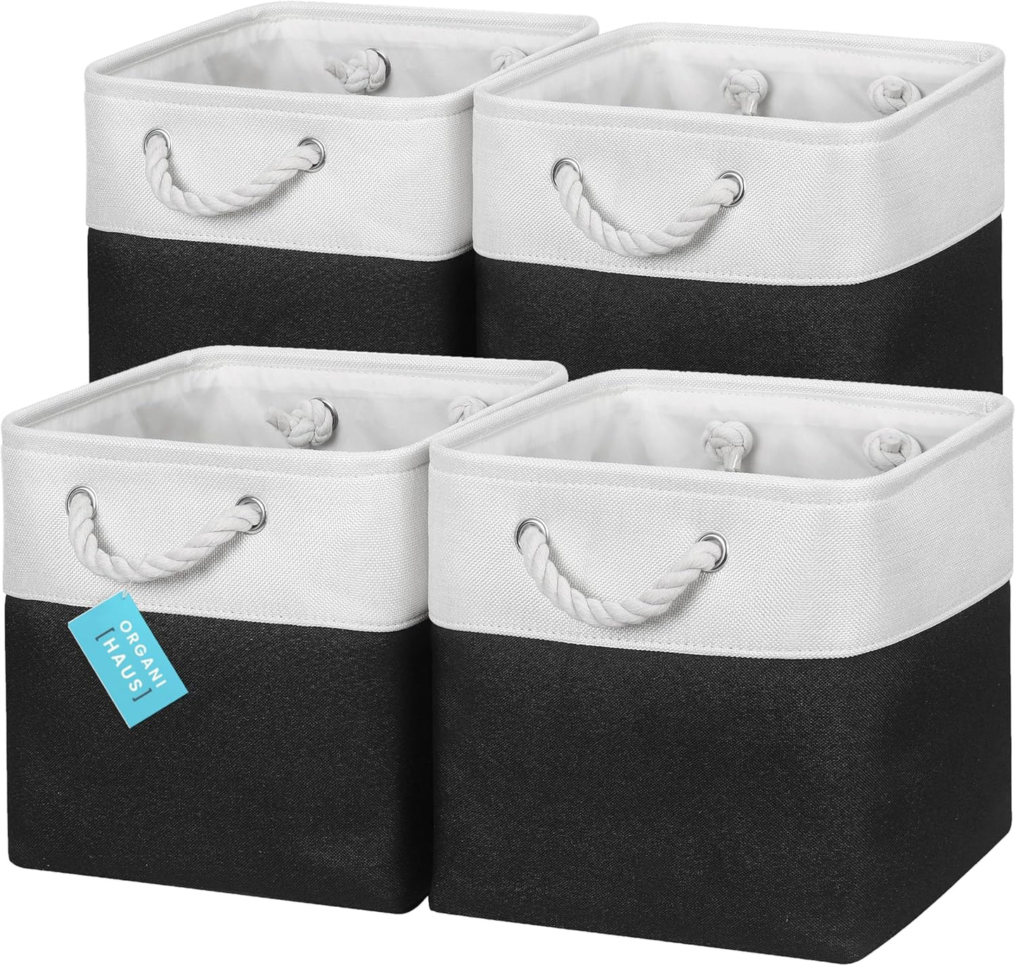 OrganiHaus 11x11 Cube Storage Bins 4 Pack, Foldable Cube Storage Organizer w/ Rope Handles, Collapsible Fabric Bins for Toys, Clothes & Closet Organization, Fabric Square Baskets - Black/White