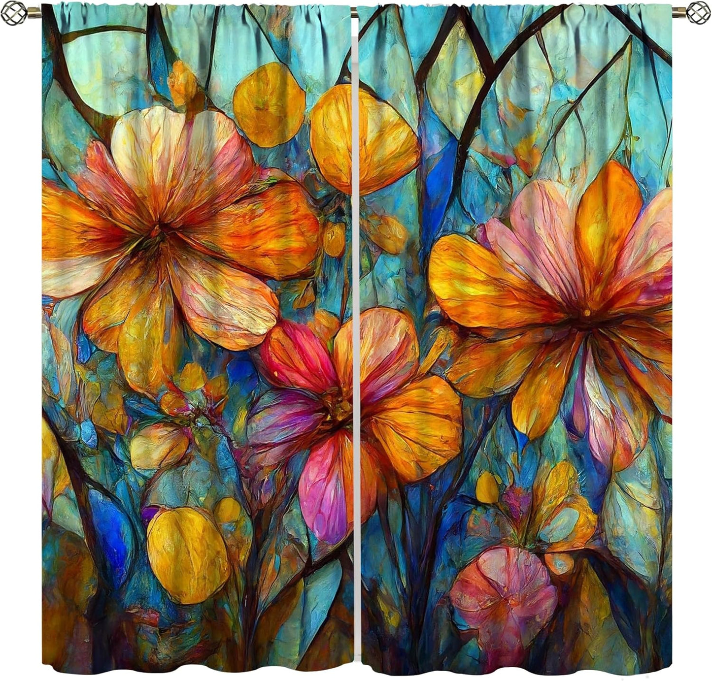 Stained Glass Curtains,Magic Forest Colorful Flowers Abstract Art Home Decor Drapes for Bedroom Living Room Kitchen Window Treatment 2 Panels Set Total Size 63" W X 72" L Inch