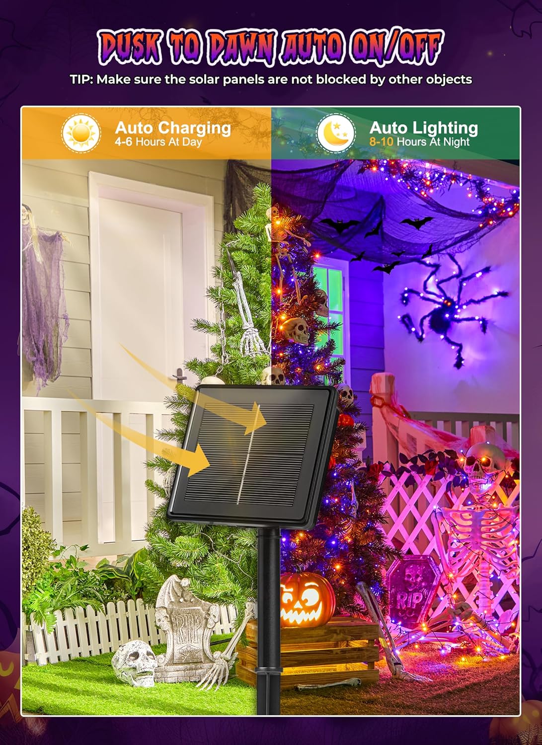 Brightown 2 Pack Halloween Solar String Lights Outdoor, Total 144Ft 400 LED Solar Lights Outdoor Waterproof with 8 Modes for Patio Tree Garden Party Decorations (Orange&Purple)