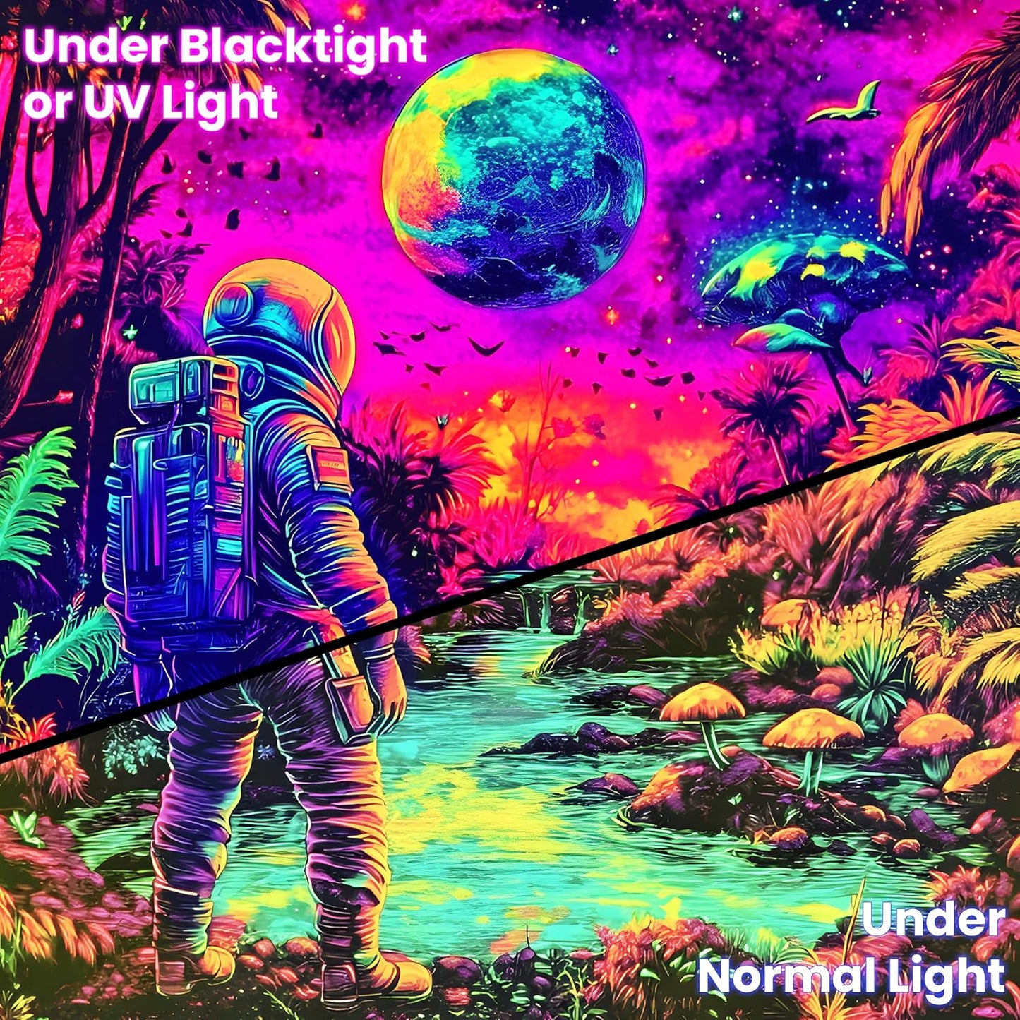 BVBOX Astronaut Space Blacklight Tapestry 79"x59", UV Reactive Astronaut Tropical Rainforest Universe Galaxy Planet Glow in Dark Tapestries, Black Light Neon Upright Poster Wall Hanging Backdrop Decor for Bedroom Living Room