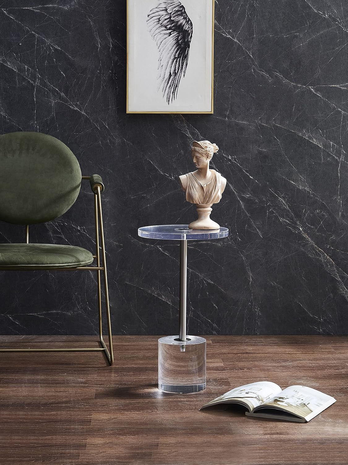 Clear Acrylic End Table,Side Table,Brushed Silver Metal,Round,for Office, Living Room and Bedroom,Easy Assembly,12x12 inch，21.3 inch high