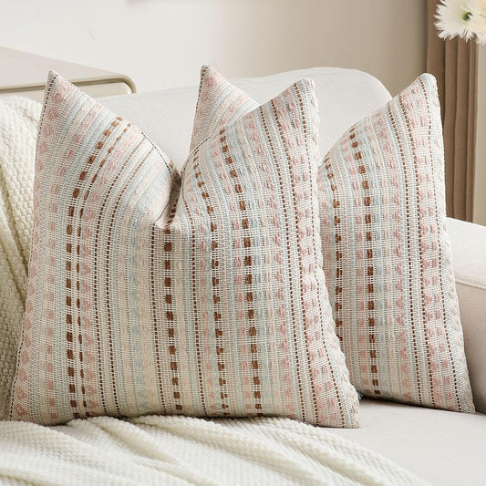 FUTEI Pink Blue Decorative Throw Pillow Covers 20x20 Inch Set of 2,Soft Cozy Chenille Jacquard Textured Cushion Case,Boho Home Decor for Couch Bed Living Room