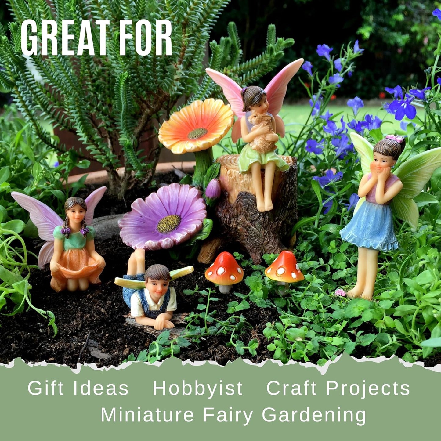 PRETMANNS Fairies for Fairy Garden - Colorful Accessories Kit for an Indoor or Outdoor Miniature Garden - 7 Piece Hand-Painted Resin Figurine Set with a Flower Stump & Mushrooms