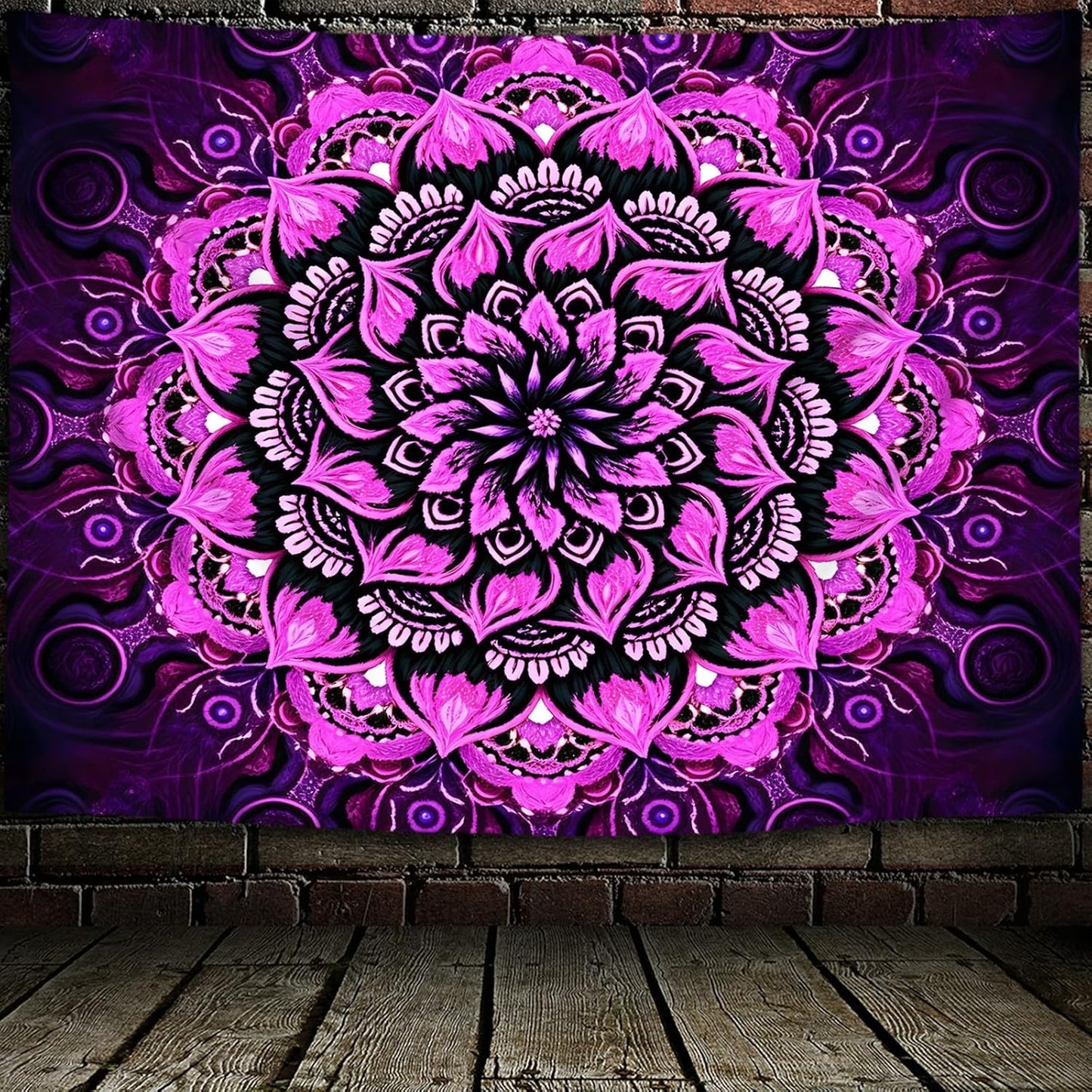 Blacklight Mandala Tapestry Wall Hanging, Psychedelic Flower Black Light Posters for Adults and Teens, UV Reactive Aesthetic Bohemian Art for Bedroom (60 x 50 Inches)