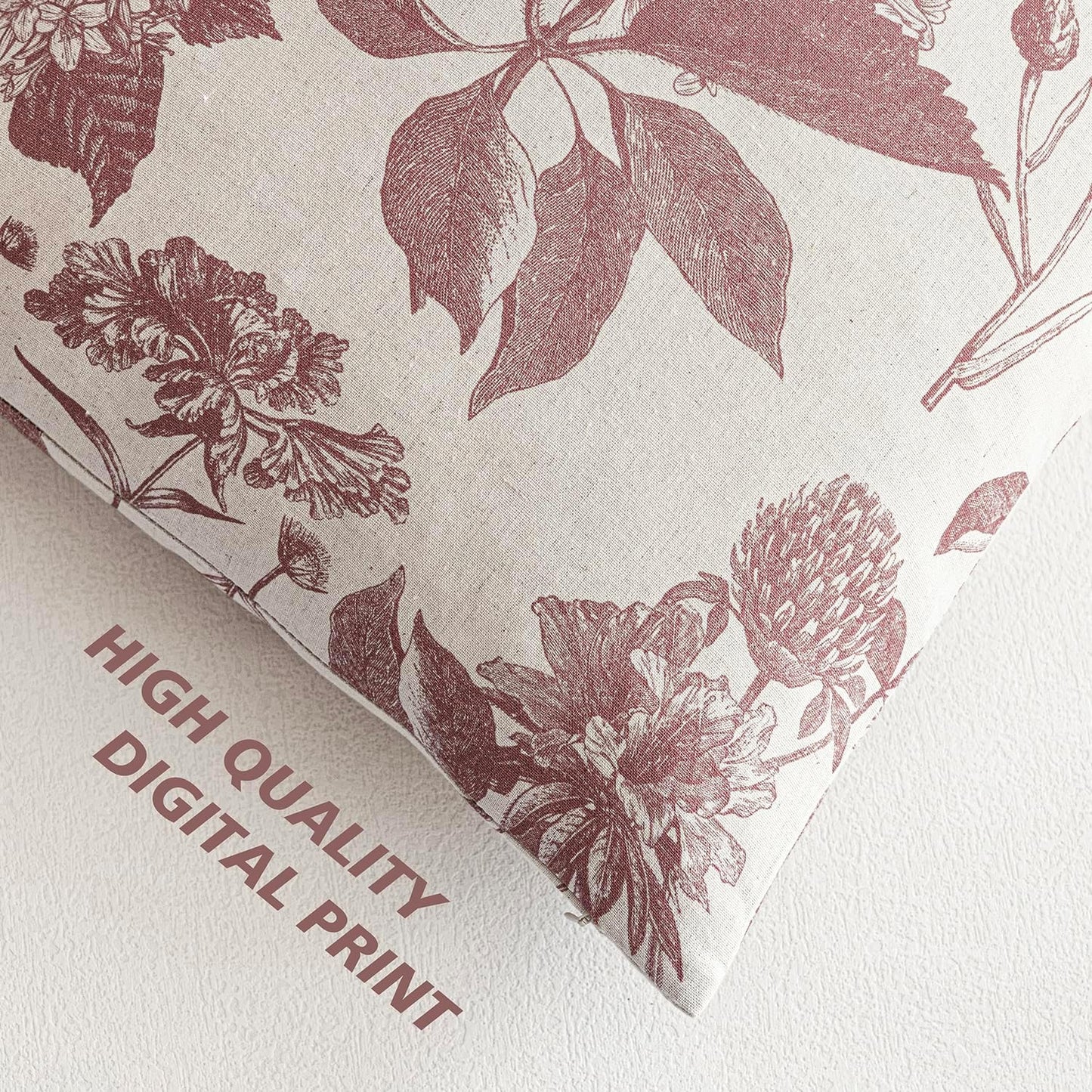 Foindtower Set of 2 Linen Floral Vintage Throw Pillow Covers Neutral Accent Decorative Cushion Covers Farmhouse Boho Home Decor for Sofa Chair Couch Bedroom Living Room Outdoor,20×20 Inch,Dark Pink