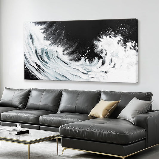 Black Abstract Wall Art Living Room Abstract Painting Wall Decor Modern 24"X 48" Canvas Art Wall Decor Black White Ocean Waves Wall Art Canvas Prints Artwork Pictures For Bedroom Kitchen Artwork