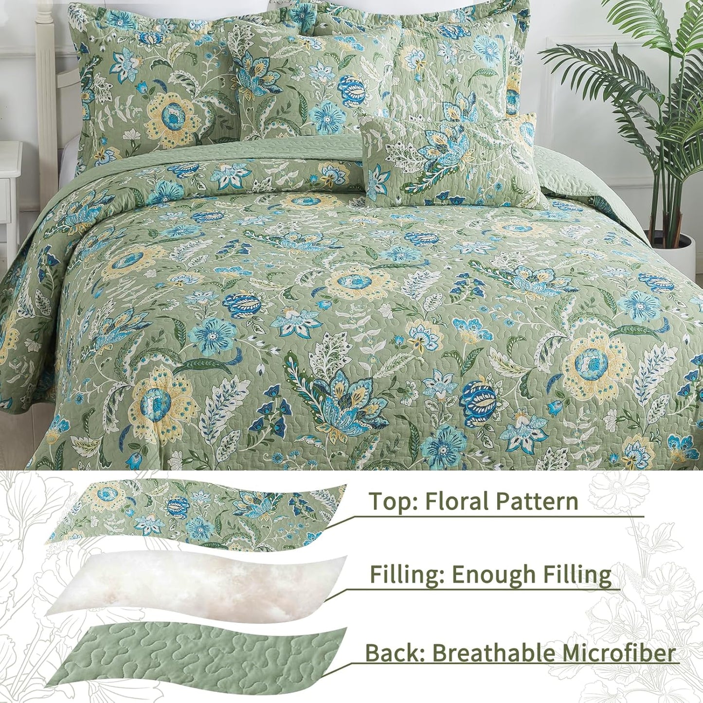 VAPUTAR Queen Quilt Bedding Set - Cotton Bedspreads Queen Size (90 x 98 inch) with Floral Pattern, Farmhouse Lightweight Queen Size Quilt Suitable for All Season（3 Pieces, Olive Green）