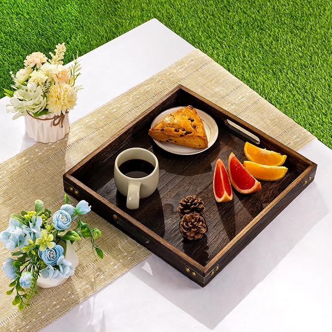 Yangbaga Serving Tray with Handles,12.5"*12.5"Wood Decorative Tray for Living Room,Modern Coffee Table Tray,Square Large Serving Platters for Home Decor,Ottoman,Bed,Kitchen,Bathroom, Breakfast,Bar