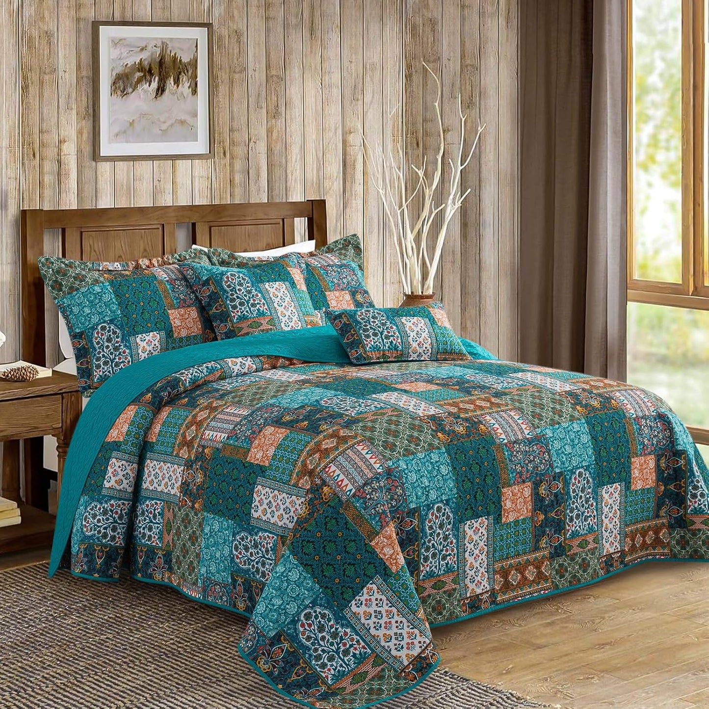 VAPUTAR Cotton King Quilt Size, Floral Patchwork King Bedspread, Lightweight Quilt King Size for All Seasons, Reversible Green Soft Quilt (98 x 106 Inch Quilt + 2 Pillowcases, Pine Green)