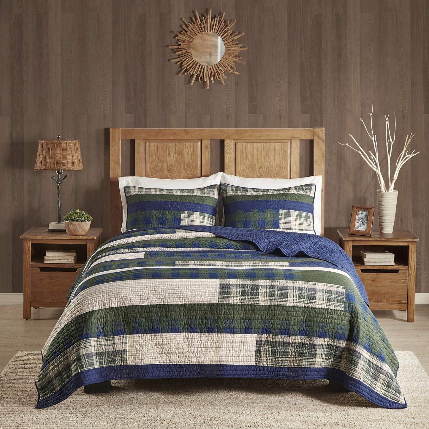 Woolrich Spruce Hill Reversible Quilt Set - Cottage Styling Reversed to Solid Color, All Season Lightweight Coverlet, Cozy Bedding Layer, Matching Shams, Oversized Full/Queen, Stripes Green 3 Piece