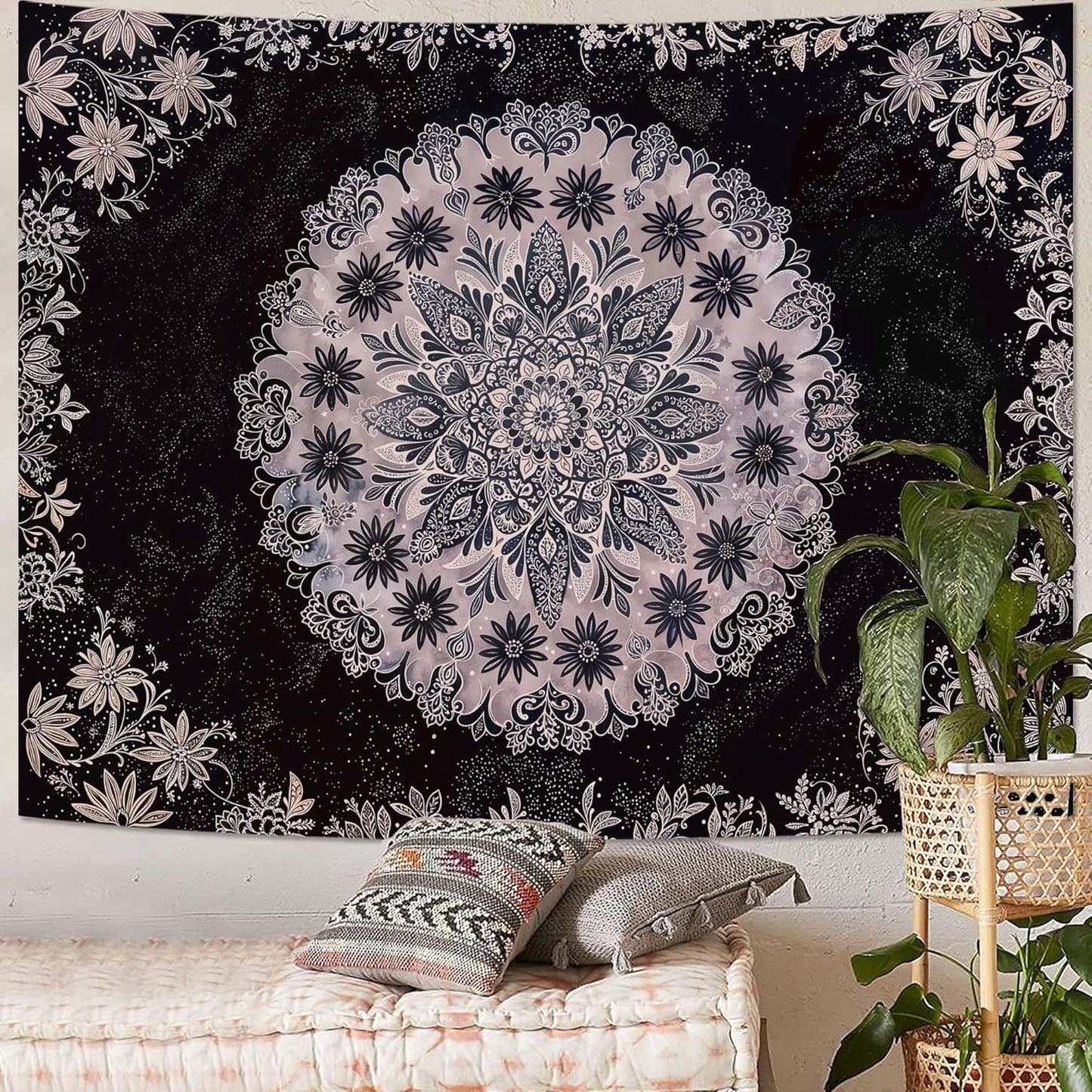 Fowocu Boho Floral Mandala Tapestry Wall Hanging Grey Bohemian Flower Medallion Tapestry Aesthetic Gray Black Hippie Indian Small Tapestries for Bedroom Living Room Dorm Decor 60 x 44 Inch