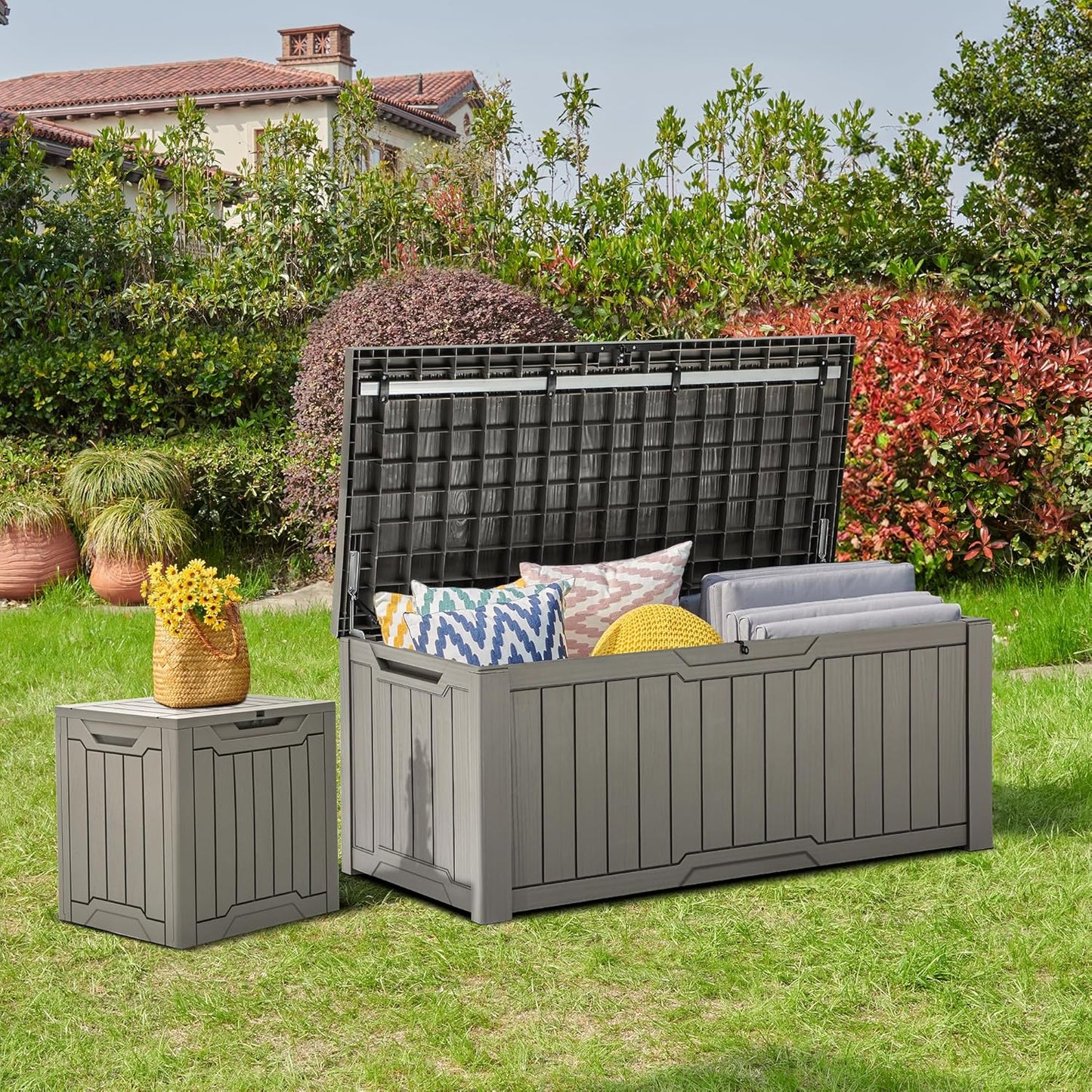 YITAHOME 120 Gallon Large Deck Box, Resin Outdoor Storage Box for Outdoor Pillows, Garden Tools and Pool Supplies, Waterproof, Lockable, Taupe