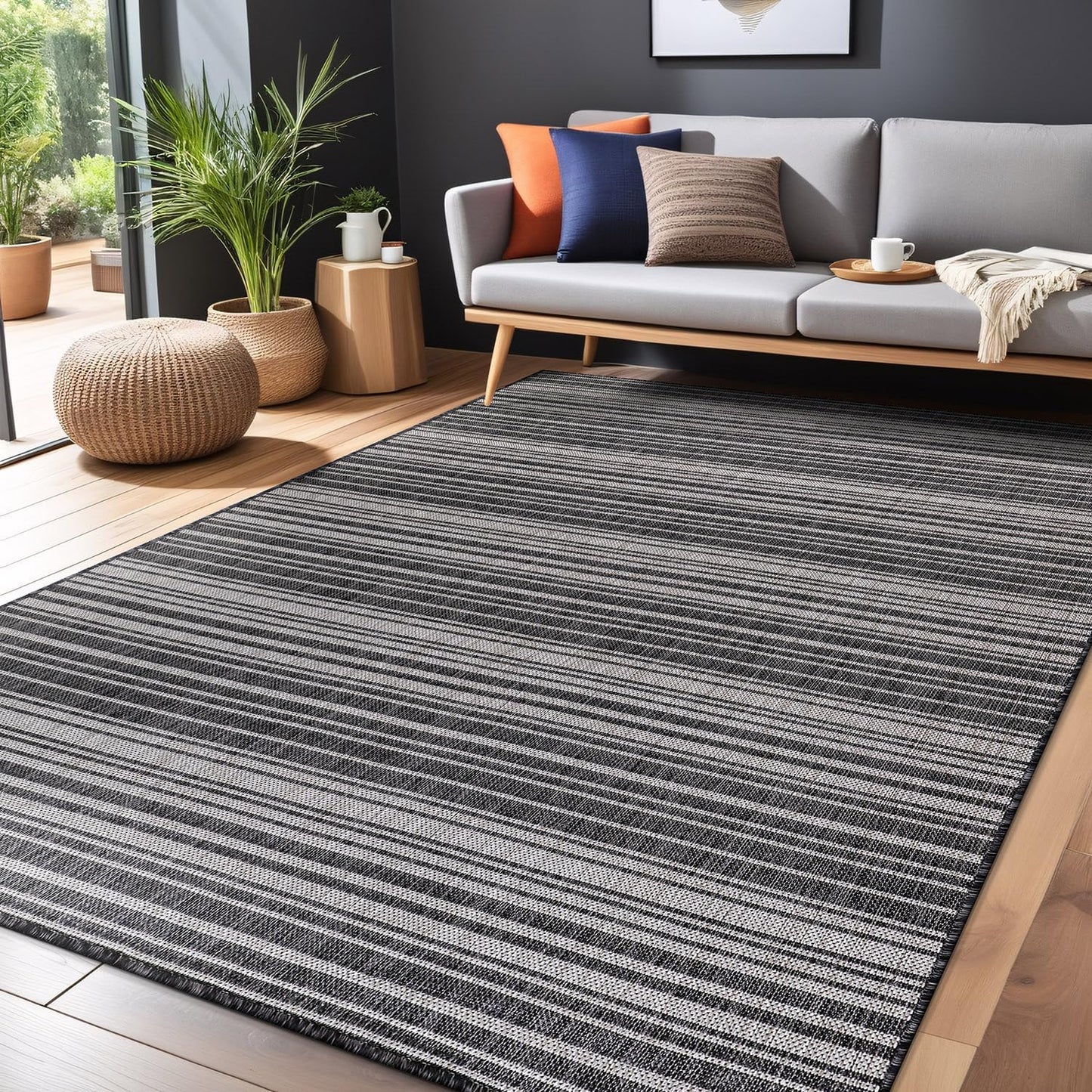 Stripe Outdoor Rug 6x9 Washable Outside Carpet for Indoor Patio Porch Waterproof Easy Cleaning Non Shedding Area Rugs Dark Gray 6 x 9