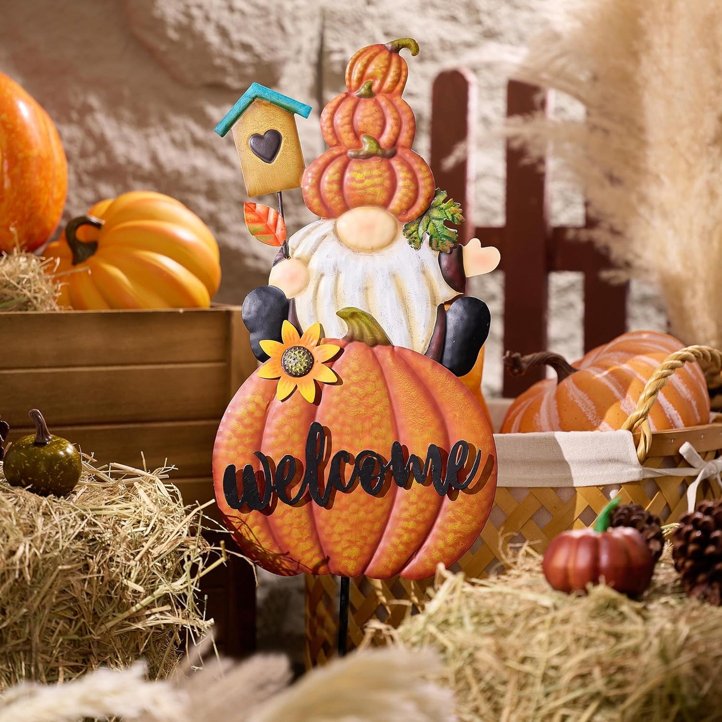 TERESA'S COLLECTIONS Fall Gnome Pumpkin Decorations for Outdoor Home, Metal Fall Decor Welcome Signs Stakes, Orange Autumn Yard Decor for Thanksgiving, Harvest Garden Patio Gift for Mom 25"