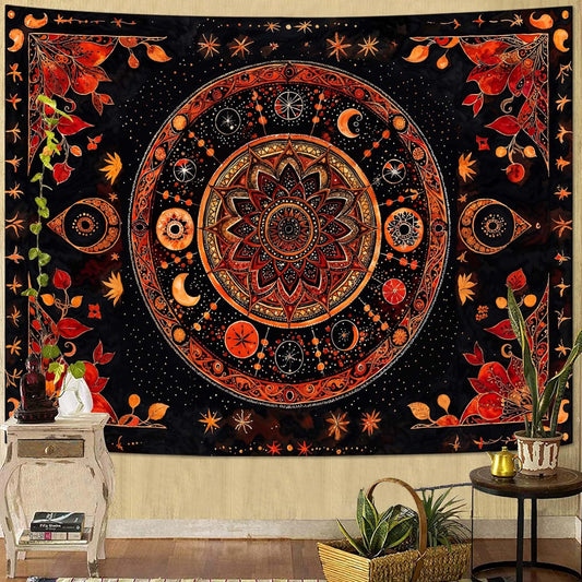 Lunerfex Mandala Moon and Stars Tapestry Boho Tapestry for Bedroom Black and Orange Tapestries Wall Hanging Living Room Wall Art and Home Decor 44x60