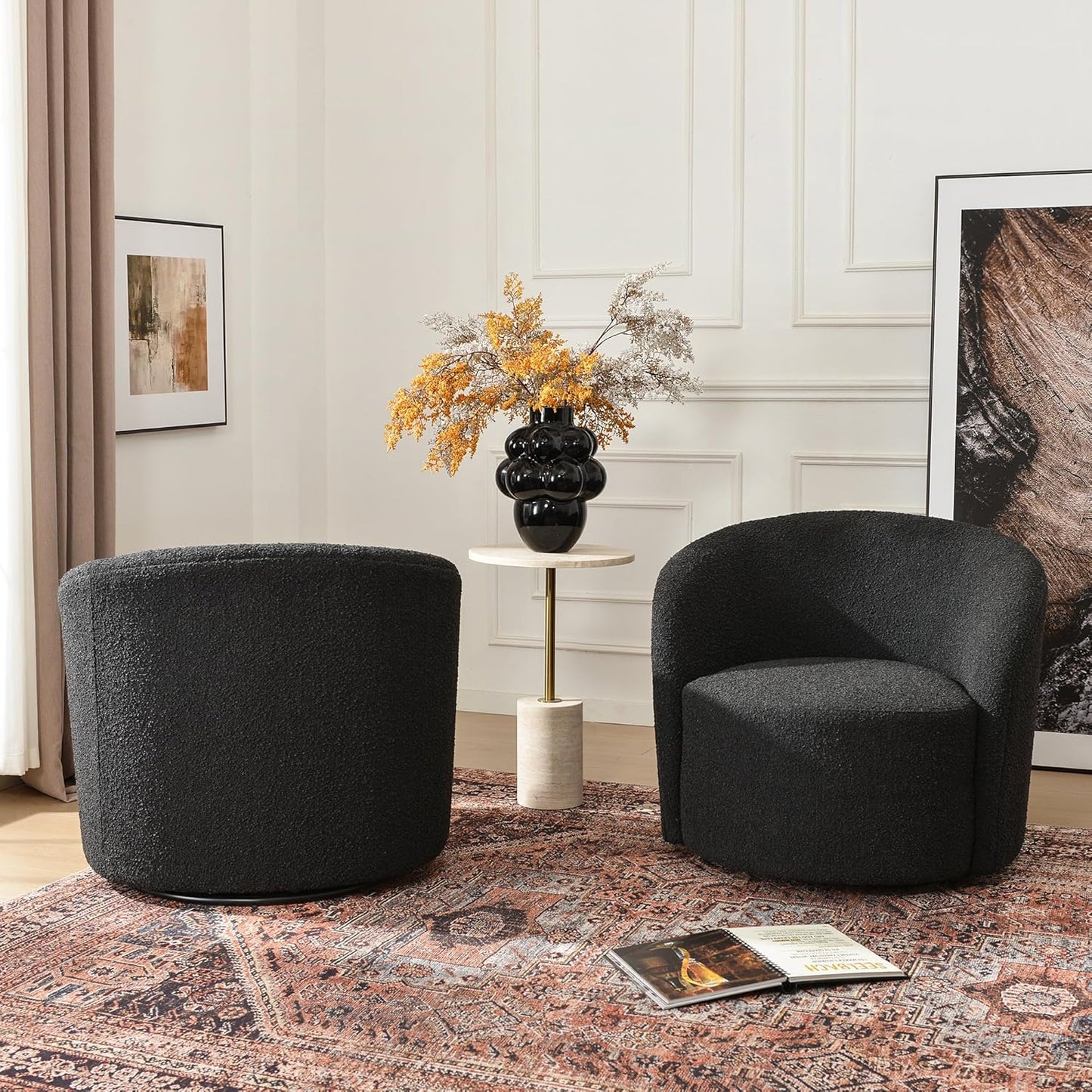 KINWELL 34" W Swivel Barrel Chair Set of 2, Mid Century Modern Round Upholstered Boucle Swivel Accent Chairs, No Assembly Sofa Chair for Living Room Bedroom Reading, Black