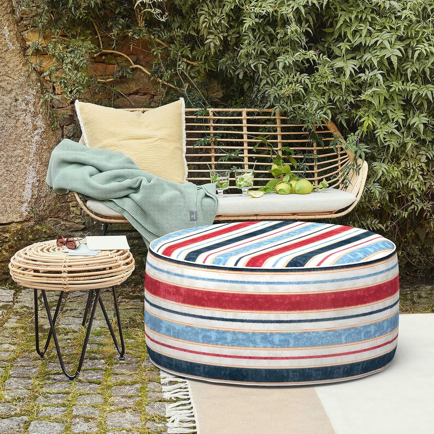 LVTXIII Outdoor Inflatable Ottoman, Fade-Resistant Round Footrest Stool D31”x H14”, Portable Patio Pouf for Garden Camping or Home Use, Stripe Red Blue