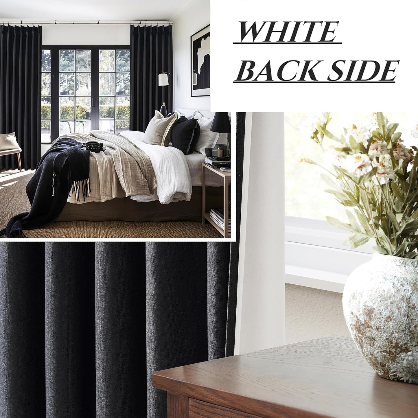Long Black Pinch Pleat Linen Blackout Curtains 100 Inches Long for Bedroom, Modern Room Darkening Dining Room Large Windows Drapes with Hooks Thermal Heavy Curtains for Winter 40"Wx100"L 2 Panels