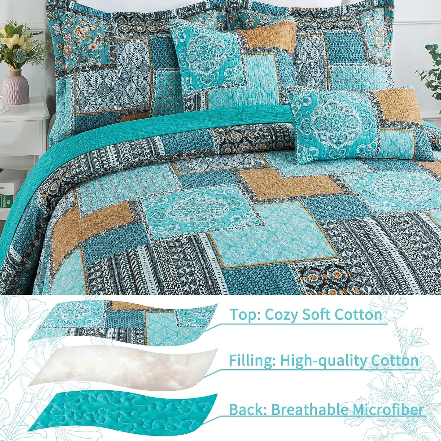 VAPUTAR Cotton Quilt Twin Size Bedding Set - 2 Pieces, Farmhouse Twin Size Quilts, Lightweight Reversible Coverlets Bedspreads for All Season (Teal/Green Chic)