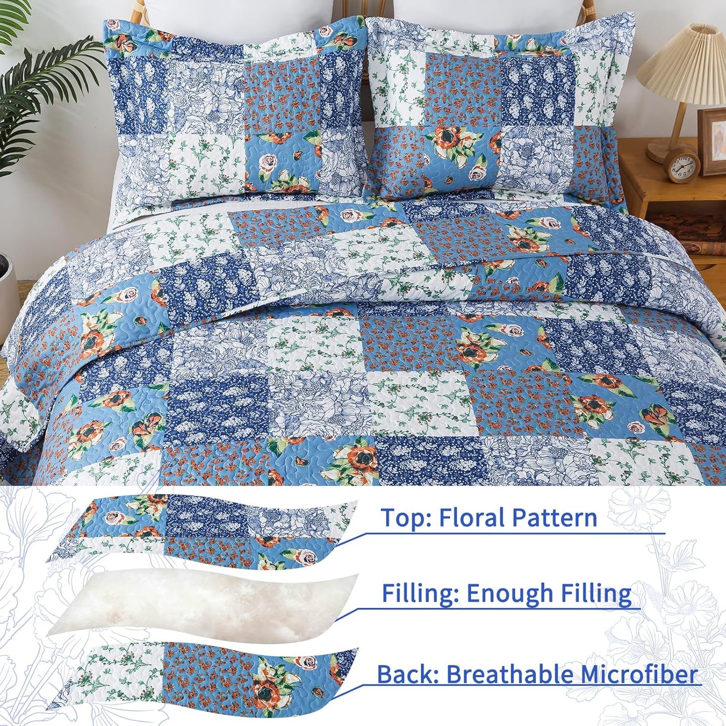 VAPUTAR King Size Quilt Set - Reversible Floral King Size Bedspreads with Wavy Edges - Lightweight Farmhouse King Quilt Bedding Sets for Bed Decorations, 3 Pieces