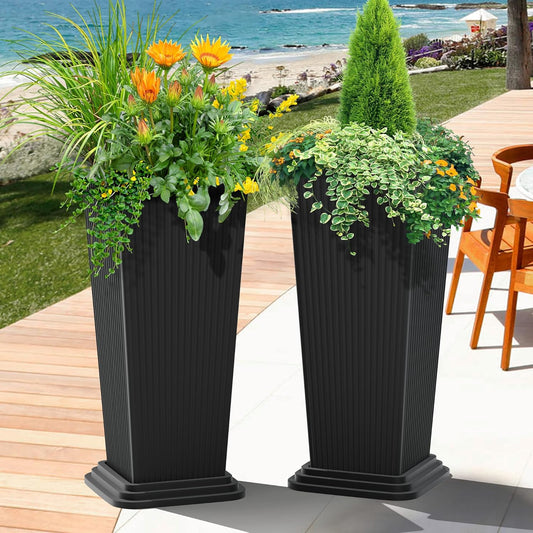FENCY Set of 2 Tall Planters for Outdoor Plants, 24 Inch Large Tapered Pots with Drainage Trays, Weather-Resistant Plastic Plant Containers for Patio, Porch, Garden, Front Door Decor,Black,Striped