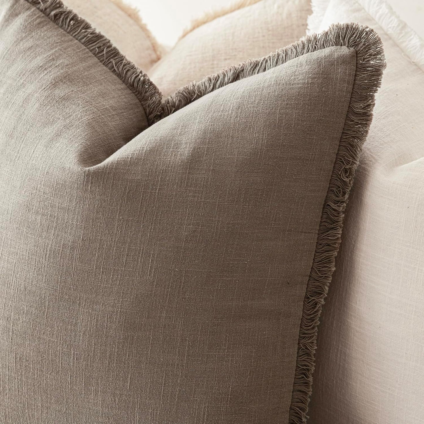 Foindtower Set of 2 Decorative Linen Fringe Throw Pillow Covers Boho Farmhouse Cushion Cover with Tassels Accent Pillowcase for Couch Chair Sofa Bed Living Room Home Decor,16×16 Inch,Brown Tan