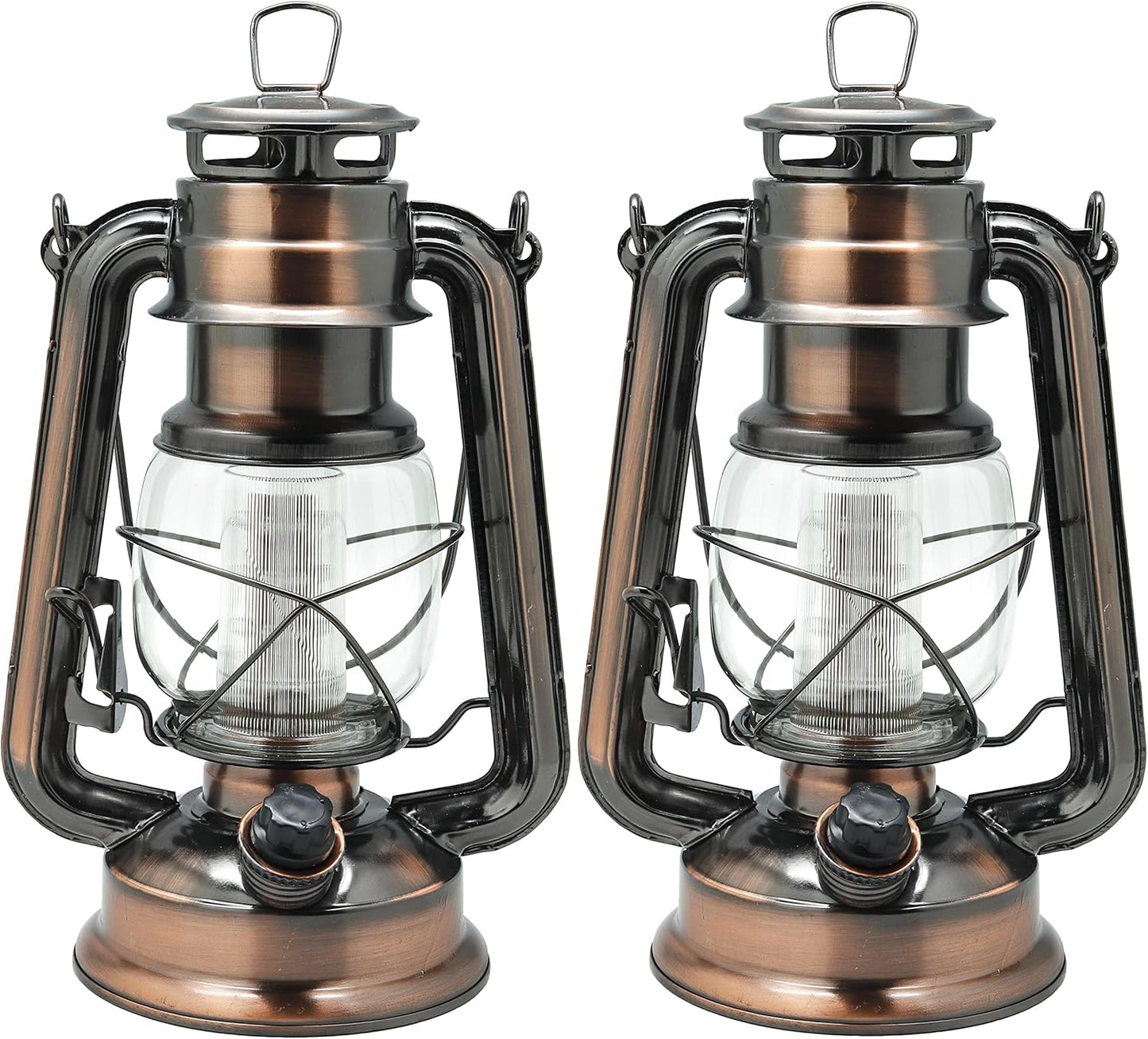 YAKii LED Vintage Lantern Metal Hanging Hurricane 12 LED Dimmer Switch Cold White Battery Operated Power Outage Indoor Camping Lighting Outdoor Brooklyn (Copper 2 Pack)