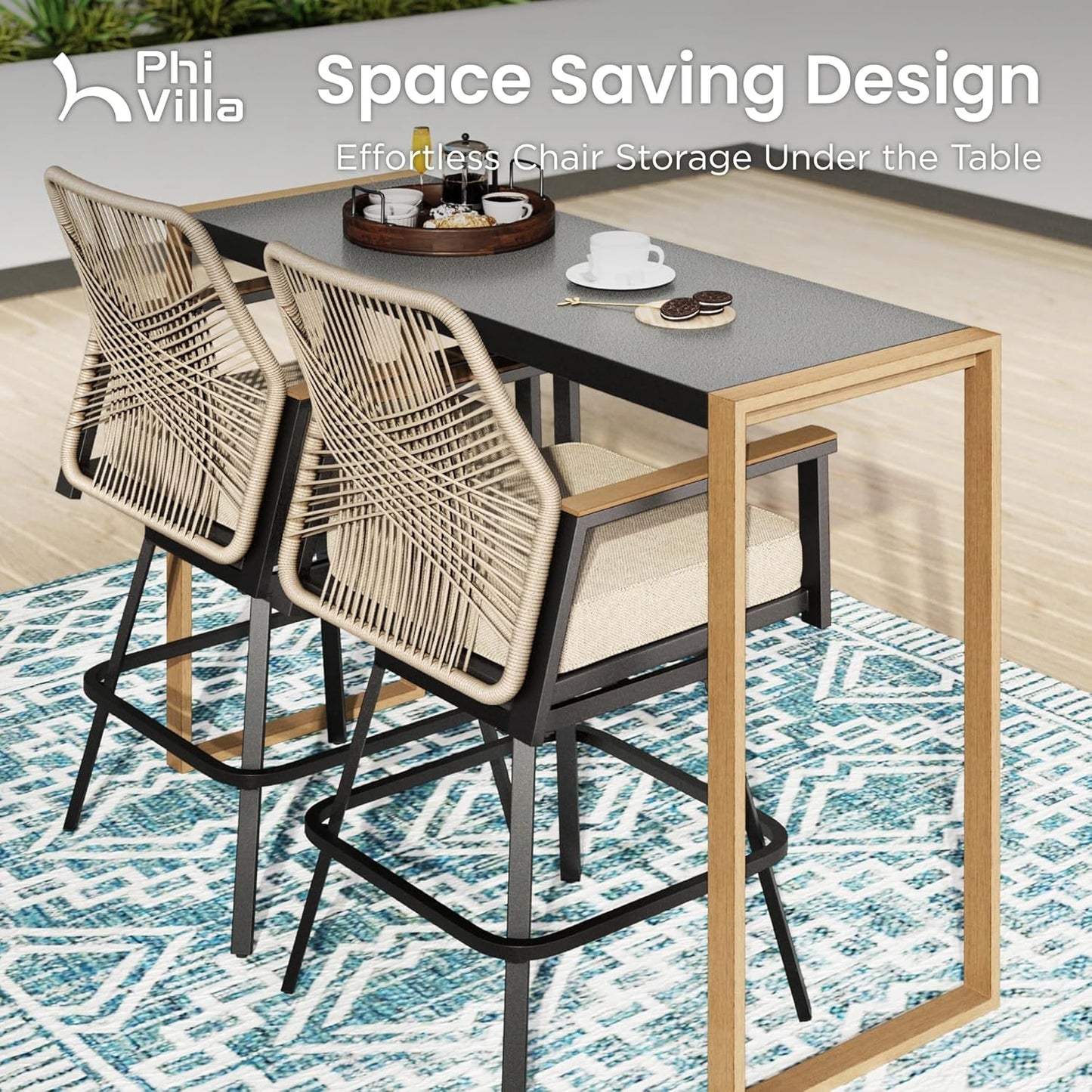 PHI VILLA Outdoor Bar Table for 2-4 Person - 55" W x 40" H Bar Height Patio Bistro Table with Stone Texture Top & Adjustable Non-Scratch Feet for Garden, Backyard, Poolside, Balcony, Patio Dining