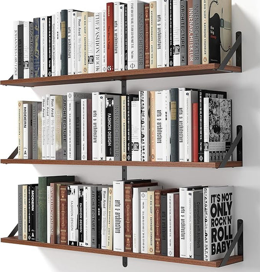 Heimlove Floating Shelves for Wall, 36 Inch Long Wood Floating Bookshelf Set of 3, Wall Mounted Hanging Shelf for Bathroom Bedroom Kitchen, Walnut