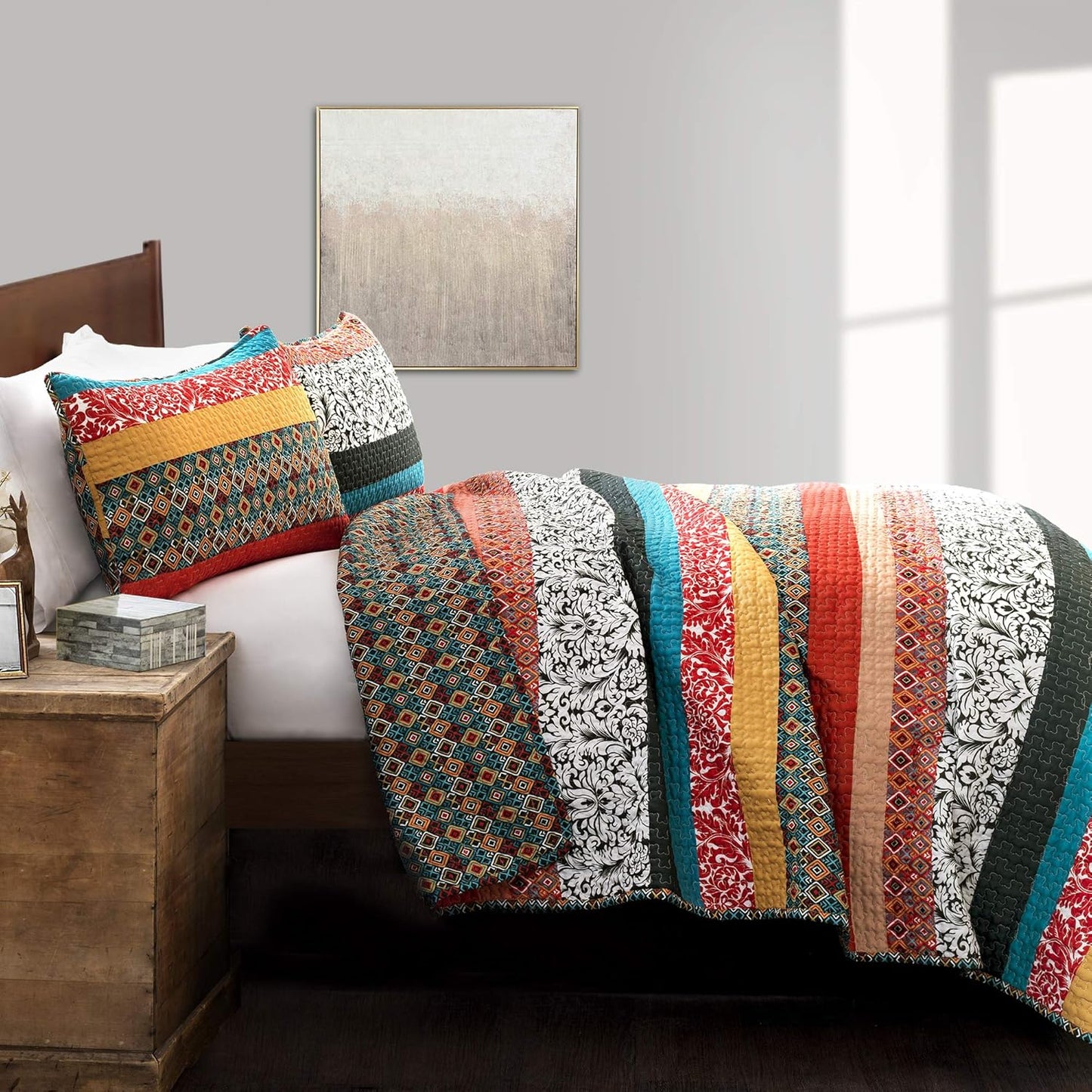 Lush Decor Boho Stripe Reversible Cotton Quilt 3-Piece Set, King, Turquoise & Tangerine - Bold Colorful Bohemian Bedding Set