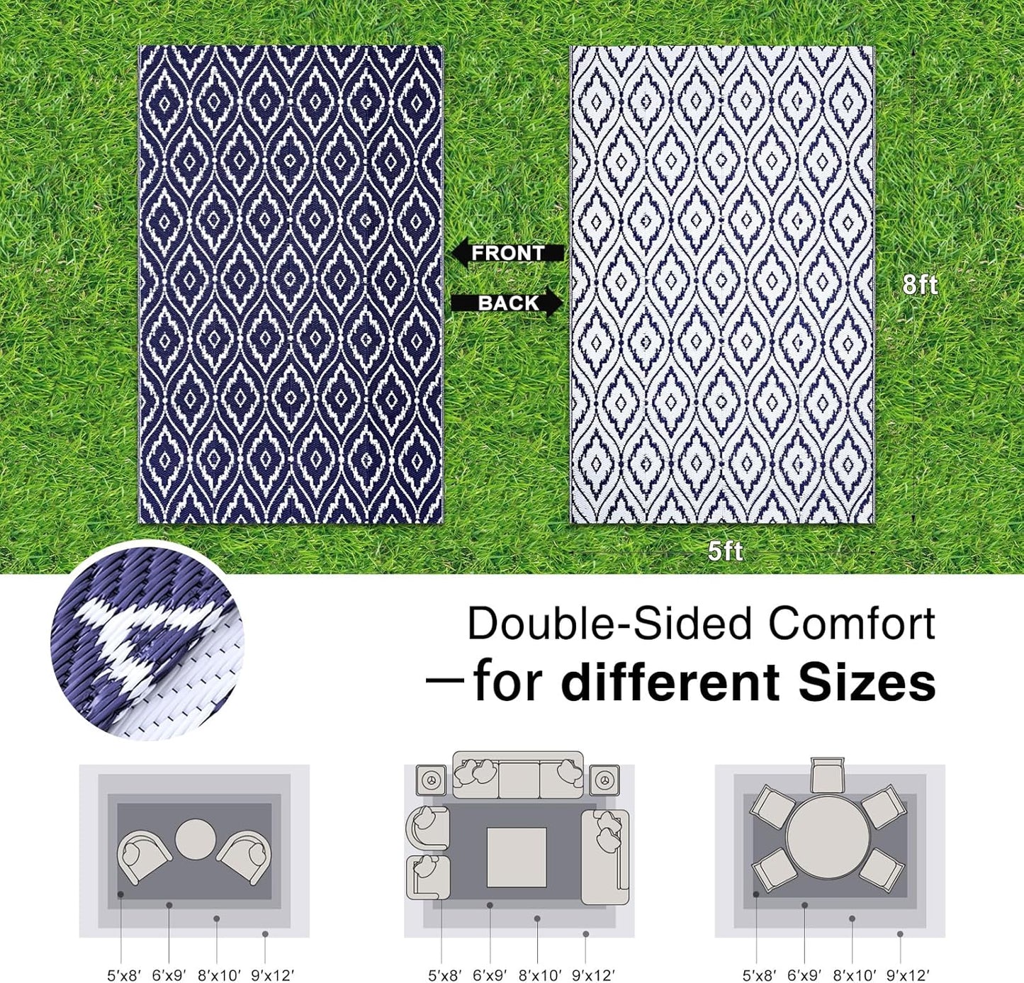 OLANLY Outdoor Rug 5x8 ft Waterproof, Outdoor Plastic Straw Rug with Geometric Pattern Clearance, Reversible RV Mat for Patio, Camping, Balcony, Deck, Backyard, Navy & White