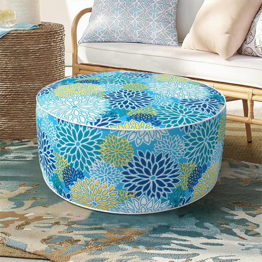 Inflatable Ottoman Stool D21 xH9 for Outdoor/Indoor Use, Water Repellent Patio Foot Rest Stool with Portable Handle,Round Pouf Ottoman Suitable for Garden,Deck and Camping - Dahlia Blue