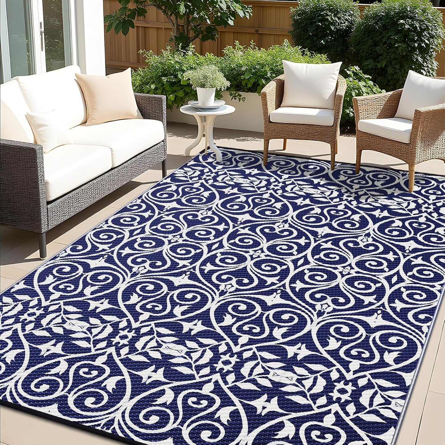 OLANLY Outdoor Rug Waterproof 8x10 ft Clearance, Reversible Outdoor Plastic Straw Rug with Floral Pattern, RV Mat for Patio, Camping, Balcony, Deck, Backyard, Navy & White