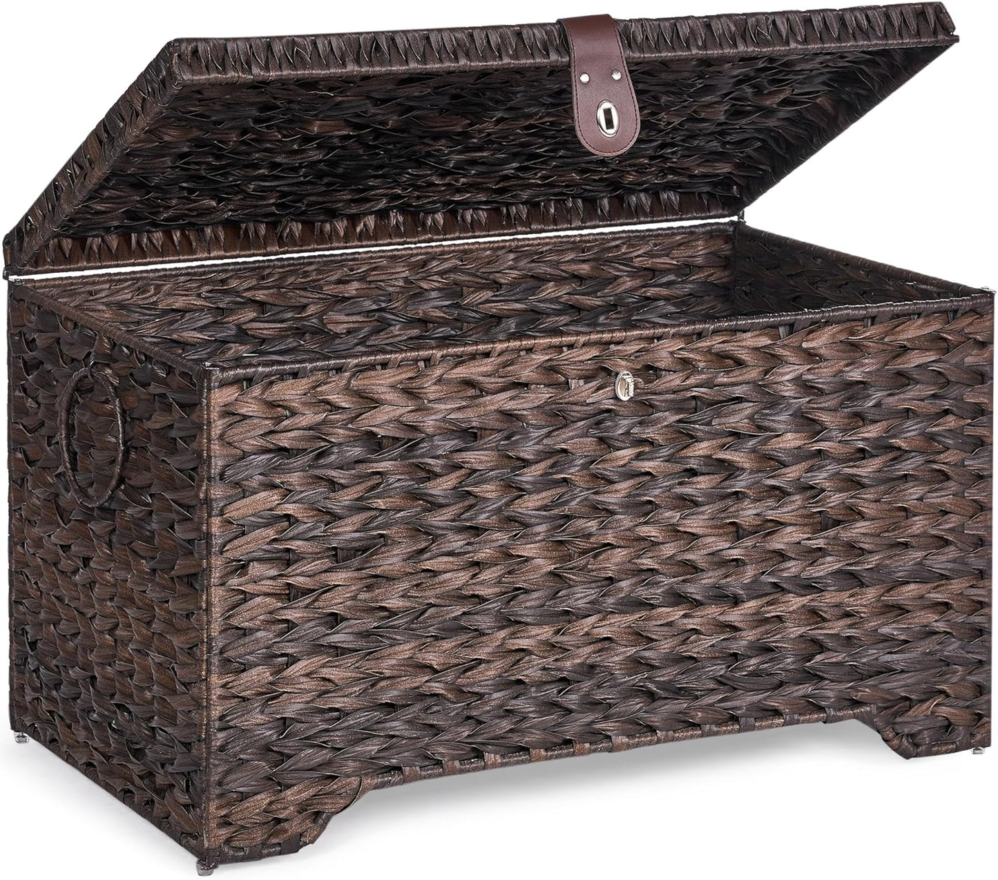 Handwoven Storage Basket with Lid, 165L Plastic Rattan Storage Bin, Leather Buckle & Metal Frame, Large Metal Ring Handles, Storage Trunk for Bedroom, Laundry Room