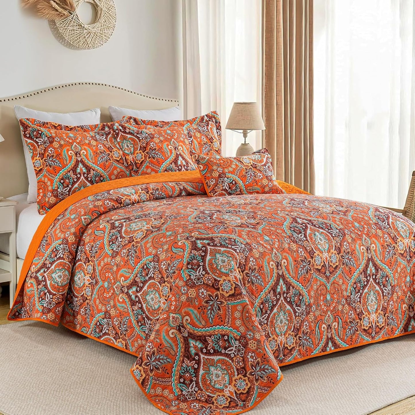 VAPUTAR Quilt California King Size Bedding Set - Cotton California King Quilt (108 * 118 Inch) - Boho Lightweight Reversible Oversized Bedspread for Farmhouse Bedroom (Orange), 3 Pieces