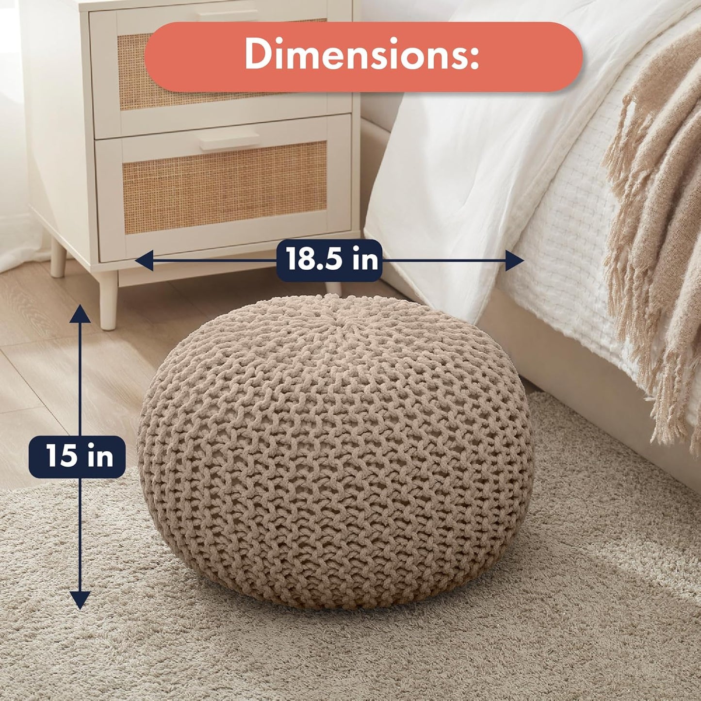 Ornavo Home Pouf Ottoman Foot Rest - 100% Cotton Pouffe - Hand Knitted Cable Braid Cord - Boho Round Stuffed Ottoman for Living Room, Bedroom - Beige