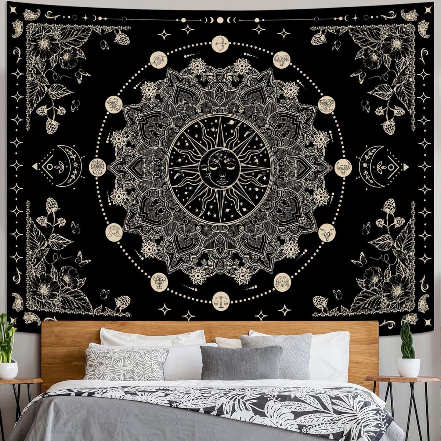 Lunerfex Sun and Moon Mandala Tapestry Boho Tapestry for Bedroom Black and White Tapestries Wall Hanging Living Room Wall Art and Home Decor 60x80