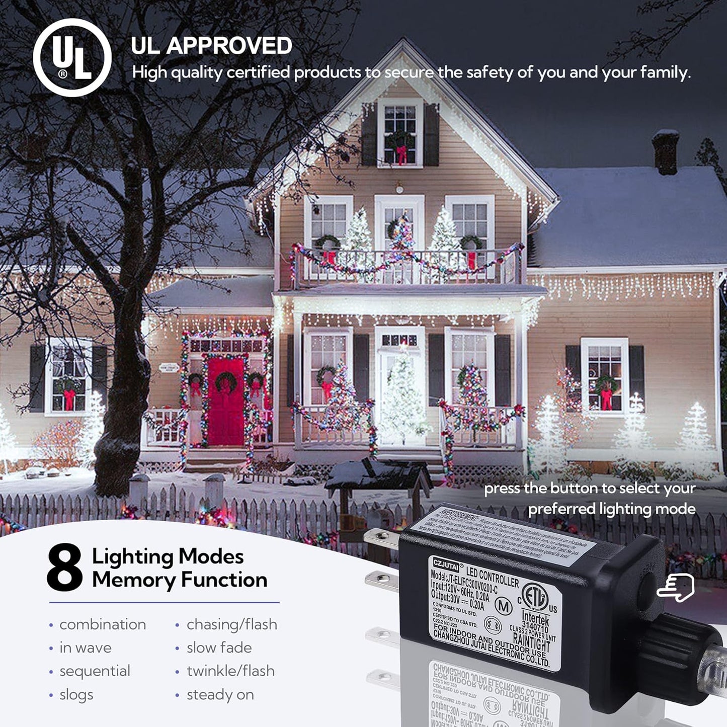 Hopolon 33FT 360L LED Christmas Icicle Lights Outdoor Waterproof,8 Modes Plug in Curtain String Lights with 60 Drops,Christmas Lights for Wedding,Party,Bedroom,Home,Garden,Wall Decorations(White)