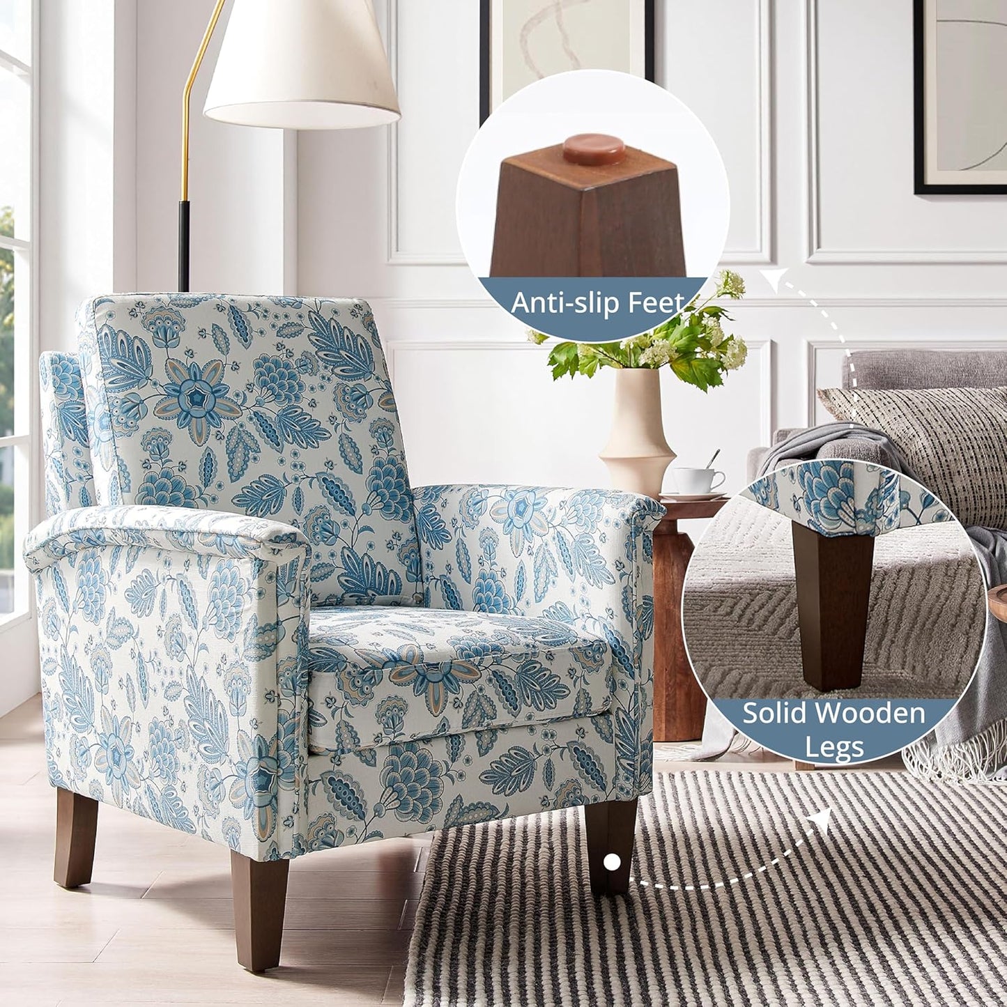 Floral Accent Chair, High Back Upholstered Armchair with Solid Wooden Legs, Padded Armrest and Removable Comfortable Cushioned Seat Single Sofa for Living Room, Bedroom, Blue